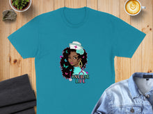 Load image into Gallery viewer, Teal t-shirt with "Nurse Life" graphic featuring a woman with butterflies and a stethoscope.