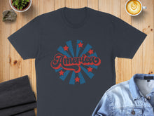 Load image into Gallery viewer, Dark blue t-shirt with red and blue "America" graphic and starburst pattern.
