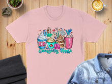 Load image into Gallery viewer, Pink t-shirt with "Emergency Nurse" text, coffee cups, and medical symbols.