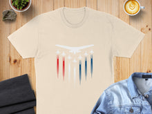 Load image into Gallery viewer, Cream t-shirt with white airplane and red, white, and blue contrails.