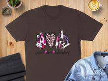 Load image into Gallery viewer, Brown t-shirt with "peace love laboratory" and lab graphic.