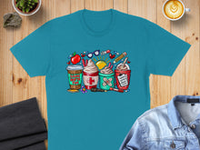 Load image into Gallery viewer, Teal t-shirt featuring cartoon medical supplies and drinks labeled "School Nurse Fuel".