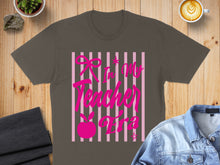 Load image into Gallery viewer, Graphic t-shirt with pink stripes and "Raising my Teacher Era" text.
