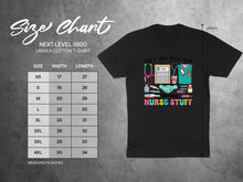 Load image into Gallery viewer, Size chart for unisex cotton t-shirt with nurse-themed graphic.