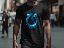 Load image into Gallery viewer, Blue Horseshoe Design on Black T-Shirt