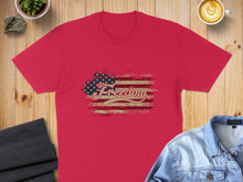 Load image into Gallery viewer, Red t-shirt with distressed American flag graphic and "Freedom" text.