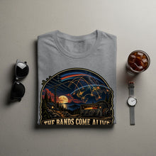 Load image into Gallery viewer, Gray t-shirt with graphic of Earth, radio, and text "THE BANDS COME ALIVE".