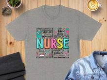 Load image into Gallery viewer, Grey t-shirt with "NURSE" in large colorful letters and related words.