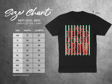 Load image into Gallery viewer, Next Level 3600 unisex cotton t-shirt size chart with "Helping Little Minds Grow" graphic.