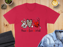 Load image into Gallery viewer, Red t-shirt with peace sign, heart, stethoscope, and text "Peace love scrub".