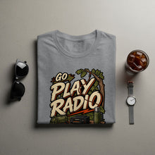 Load image into Gallery viewer, Grey t-shirt with "Go Play Radio" text and camping graphics.