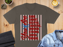 Load image into Gallery viewer, Grey t-shirt with red text listing positive affirmations and a blue bow.