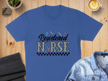 Load image into Gallery viewer, Blue t-shirt with "Registered Nurse" and medical icons.