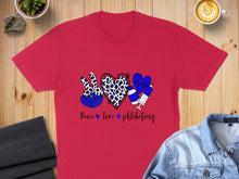 Load image into Gallery viewer, Red t-shirt with peace, heart, and syringe graphic, "Peace love phlebotomy" text.