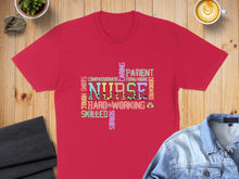 Load image into Gallery viewer, Red t-shirt with a word cloud about nursing skills and qualities.