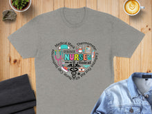 Load image into Gallery viewer, Grey t-shirt with a heart-shaped collage of medical symbols and words "Nurse".