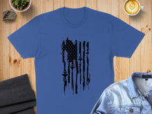 Load image into Gallery viewer, Blue t-shirt with distressed American flag made of fighter jets.