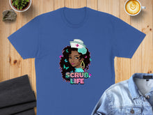 Load image into Gallery viewer, Blue t-shirt with a graphic of a nurse with butterflies and the text "Scrub Life."