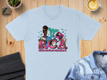 Load image into Gallery viewer, Light blue t-shirt with "RCA #Residentcareassistant" and medical graphics.