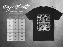 Load image into Gallery viewer, Unisex t-shirt size chart and "Best Dad World's Greatest" graphic t-shirt.