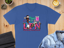 Load image into Gallery viewer, Blue t-shirt with LPN licensed practical nurse graphic featuring a nurse and medical symbols.