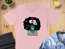 Load image into Gallery viewer, Pink t-shirt with a graphic of a nurse with curly hair and butterflies.