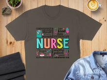 Load image into Gallery viewer, NURSE graphic with words like COMPASSIONATE, SKILLED, and THERMOMETER on a t-shirt.