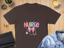 Load image into Gallery viewer, Brown t-shirt with "NURSE" text and stethoscope graphic.