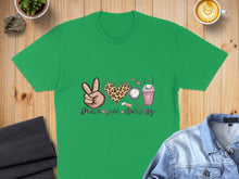 Load image into Gallery viewer, Green t-shirt with "Peace Love Nursing" and leopard print heart, stethoscope, and coffee cup.