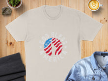 Load image into Gallery viewer, Cream t-shirt with "God Bless America" and American flag design.