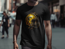 Load image into Gallery viewer, Black T-shirt with Gold Fleur-de-Lis Football Helmet Design