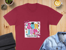 Load image into Gallery viewer, Burgundy t-shirt with "Senior Class of 2026" and graduation cap graphics.