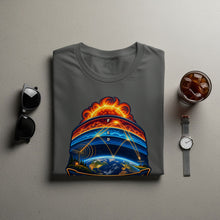 Load image into Gallery viewer, Grey t-shirt with graphic of Earth, sun, atmospheric layers, and broadcast towers.