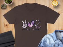 Load image into Gallery viewer, Brown t-shirt with "Peace Love Nursing" and stethoscope and peace sign.