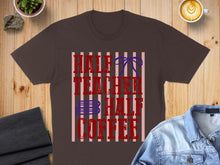 Load image into Gallery viewer, Brown t-shirt with "Half Teacher Half Coffee" text and a blue bow.