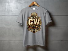 Load image into Gallery viewer, Grey t-shirt with "Team CW, Less Bandwidth, More Skill" text and vintage telegraph key.