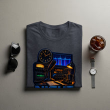 Load image into Gallery viewer, T-shirt graphic of ham radio equipment, clock, microphone, and notebook.
