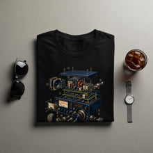 Load image into Gallery viewer, Black t-shirt with a graphic of an exploded view of a vintage ham radio.