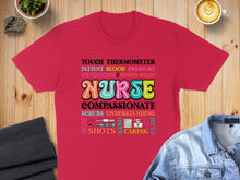 Load image into Gallery viewer, Red t-shirt with "NURSE COMPASSIONATE" surrounded by medical terms and icons.