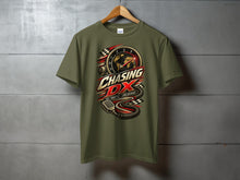 Load image into Gallery viewer, Olive green t-shirt with "Chasing DX" graphic featuring a microphone and world map.
