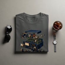 Load image into Gallery viewer, T-shirt with a graphic of a disassembled shortwave radio with numbered parts.