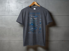 Load image into Gallery viewer, Dark gray t-shirt with a blue exploded view diagram of amateur radio equipment.