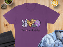 Load image into Gallery viewer, Purple t-shirt with "Peace Love Radiology" text and graphic elements.