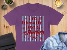 Load image into Gallery viewer, Purple t-shirt with "I'm literally just a teacher" text and decorative elements.