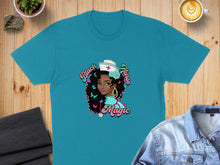 Load image into Gallery viewer, Teal t-shirt with "Black Nurse Magic" illustration and butterflies.