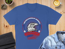 Load image into Gallery viewer, Blue t-shirt with eagle, "United States of America Independence Day" text.