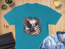 Load image into Gallery viewer, Teal t-shirt with a distressed American flag and eagle graphic.