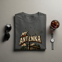 Load image into Gallery viewer, Gray t-shirt with "MY ANTENNA" graphic featuring a Yagi antenna and cabin.