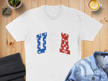 Load image into Gallery viewer, White t-shirt with distressed USA lettering in red, white, and blue.