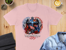 Load image into Gallery viewer, Pink t-shirt with a patriotic cross, wings, roses, and "Independence Day" text.